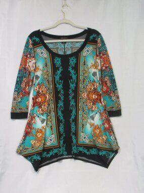 Eva Varro Shirt Womens Medium Multicolor Floral Asym Hem Tunic Top Stretch